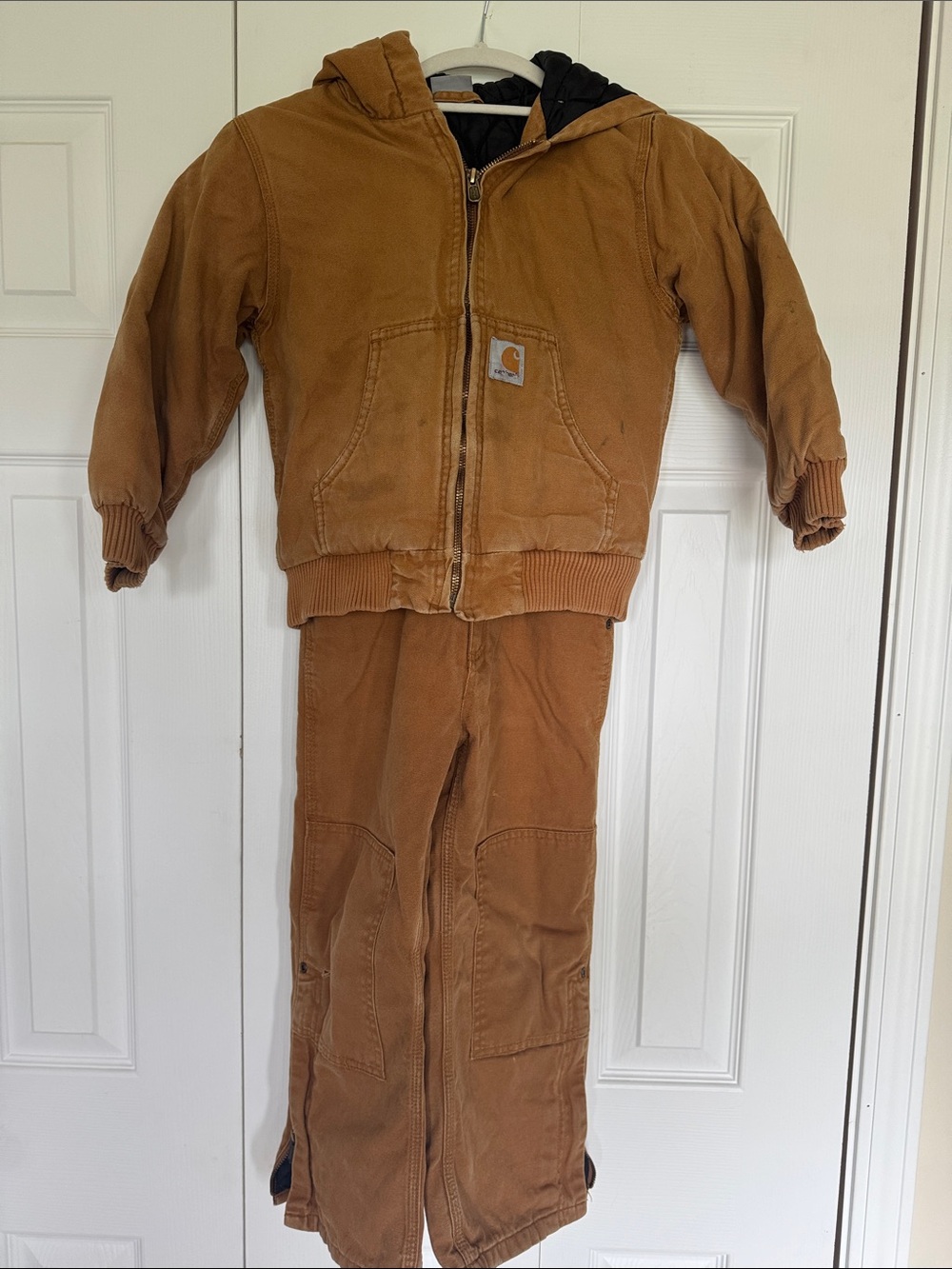 Carhartt Kids Tan Brown Hooded Work Overalls Set -Quilt Lined Insulated